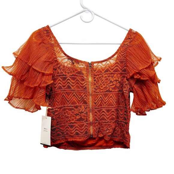 Rust Orange Lace & Sheer Ruffle Sleeve Crop Top By Blåshe Size M - Picture 3 of 10